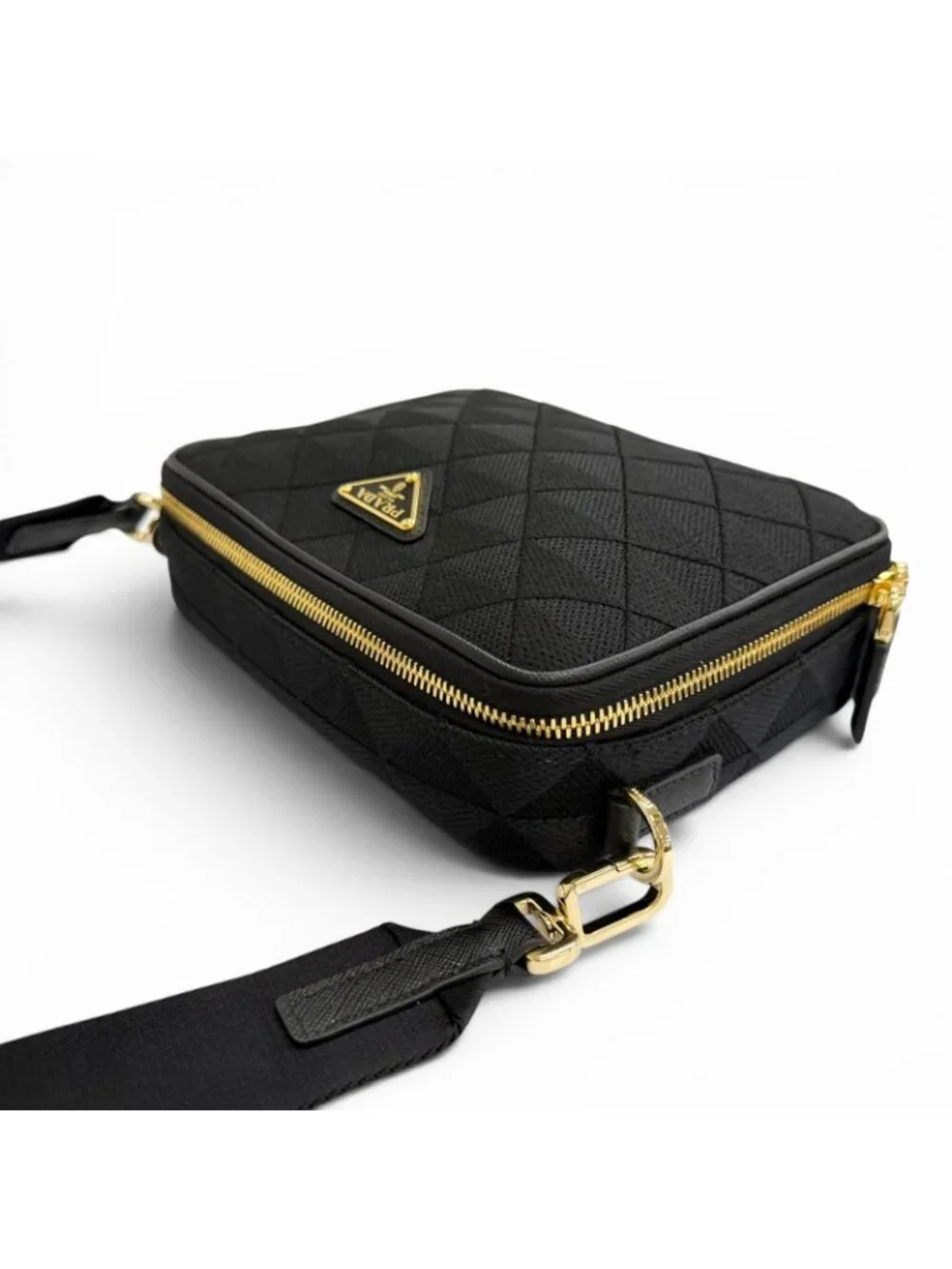 Prada Brick Triangle Logo Jacquard Leather Shoulder Bag Black